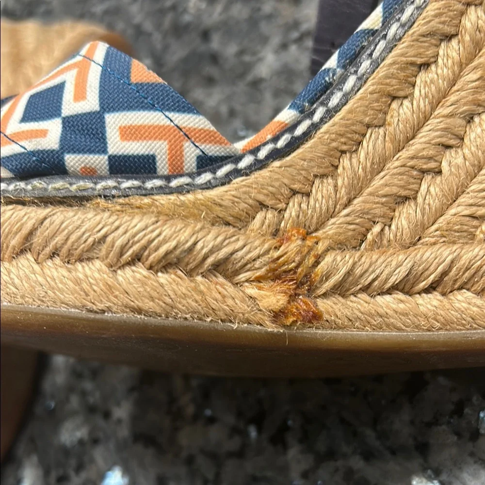 Tory Burch Navy & Orange Geometric Espadrille Wedge Sandals